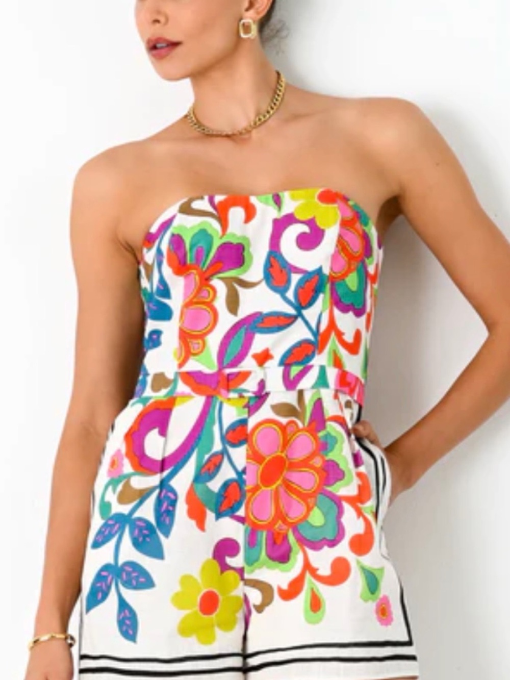 Strapless Floral Summer Romper in White with Multicolor Print. Sold out online.